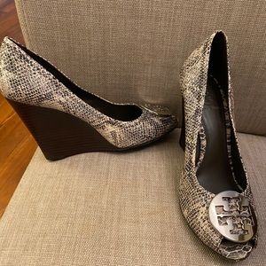 Tory Burch snakeskin peep toe wedges